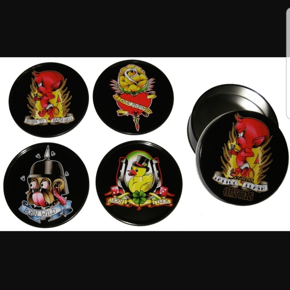 Sourpuss Vintage Tattoo Flash Cartoon Set Bar Coasters Red Devil Lucky Duck Rose